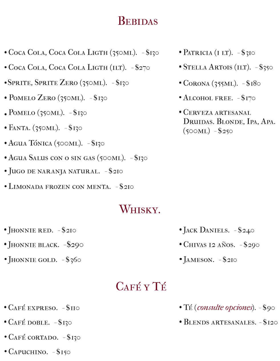 Lista de refrescos, whiskys y cervezas